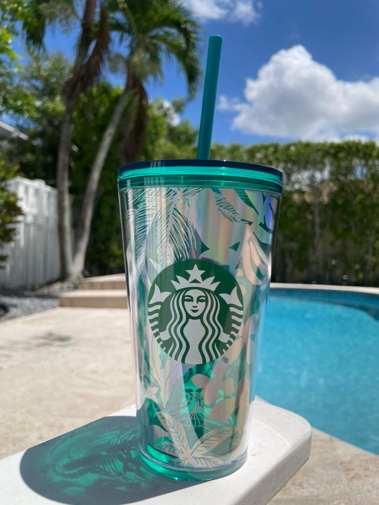 Tropical floral Iridescent blue tumbler