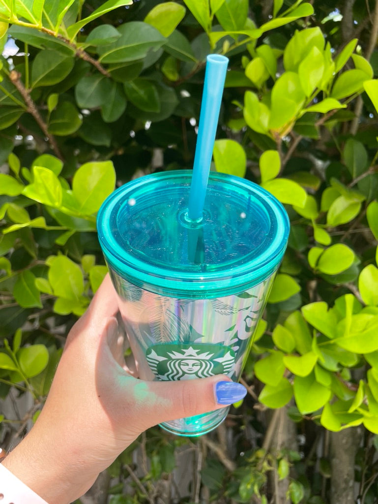 Tropical floral Iridescent blue tumbler