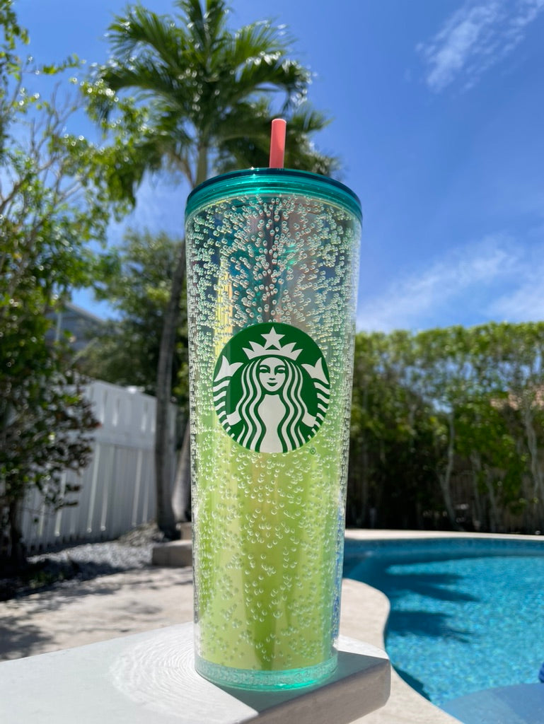 Starbucks 24 oz yellow green ombre bubble plastic tumbler