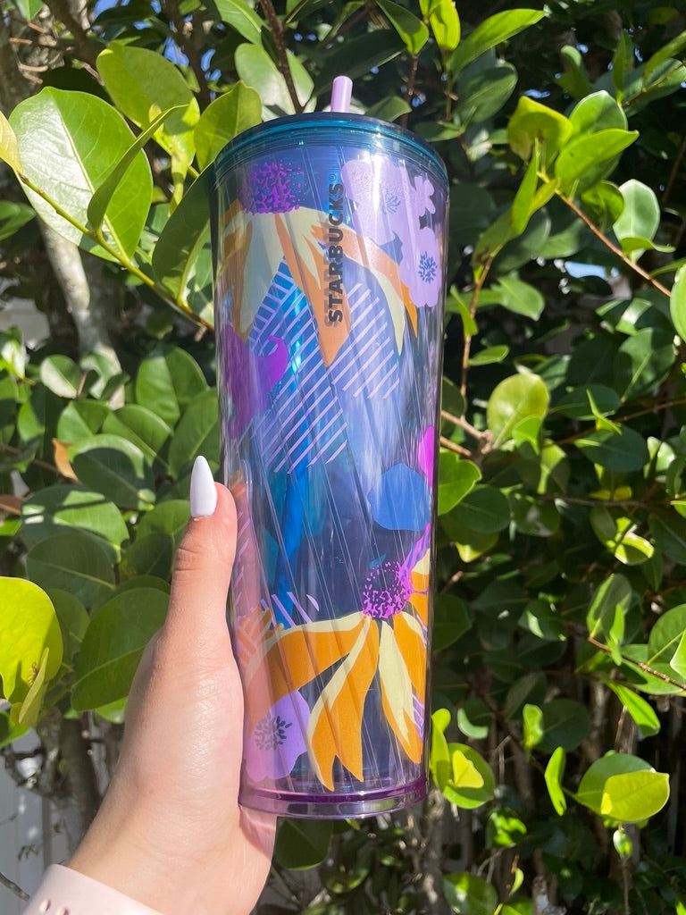 Starbucks 24 oz purple floral plastic tumbler