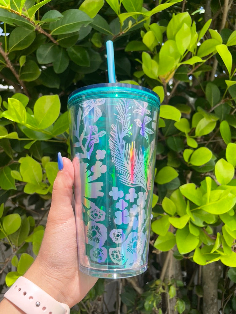 Tropical floral Iridescent blue tumbler