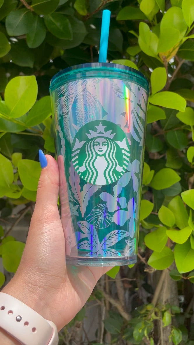 Tropical floral Iridescent blue tumbler