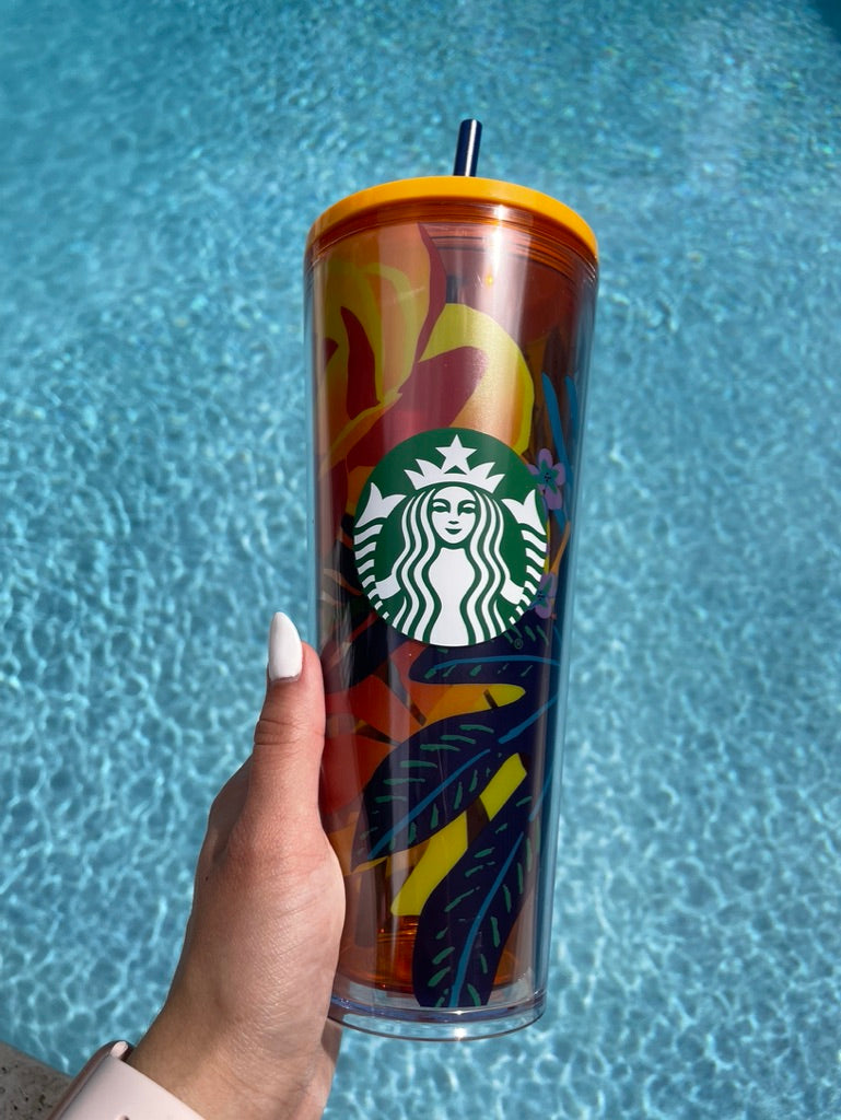 Starbucks 24 oz orange tropical floral plastic tumbler