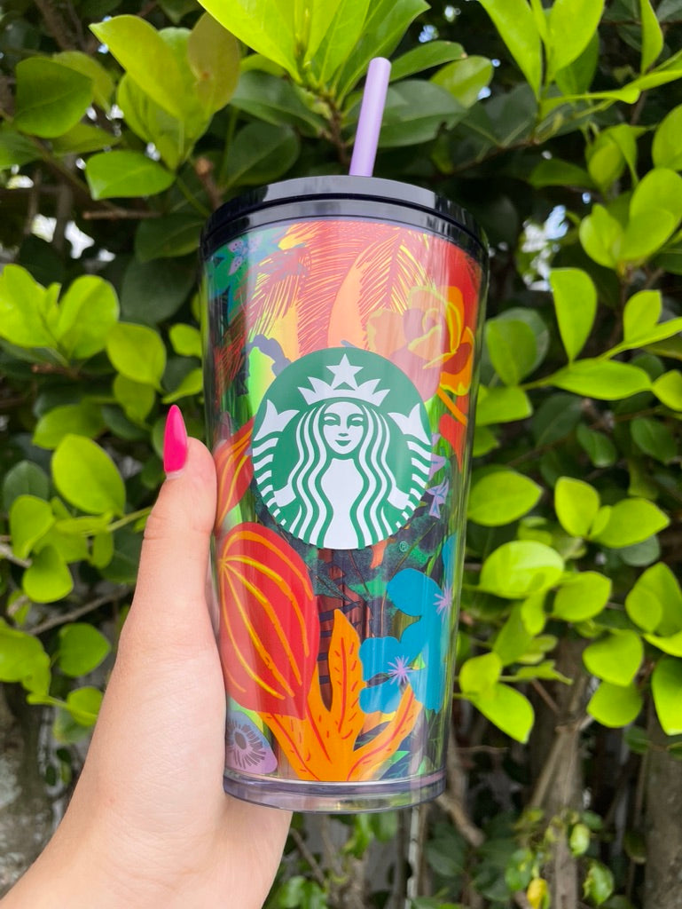 Starbucks 16 oz grande tropical floral plastic tumbler 