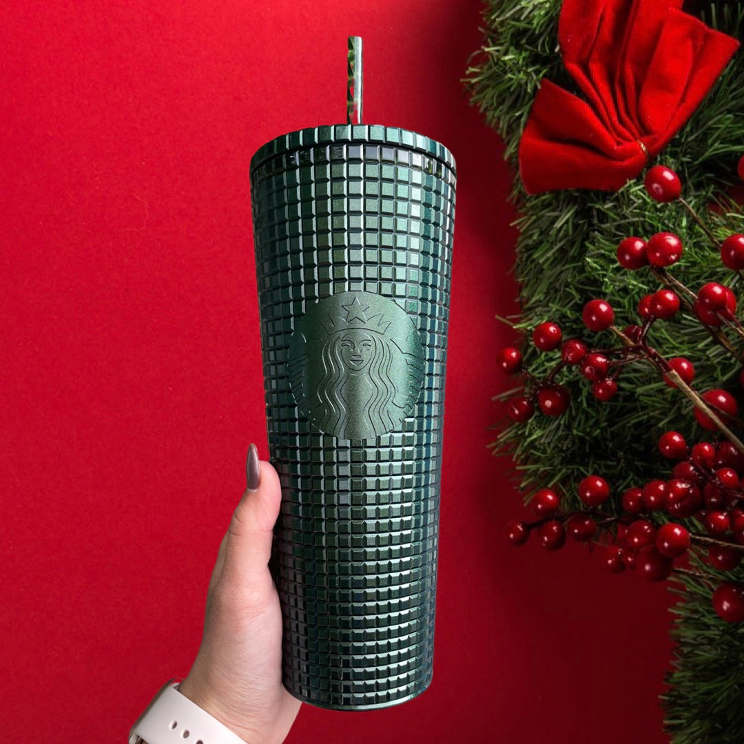 Starbucks 24 oz forest green glitter grid plastic tumbler 