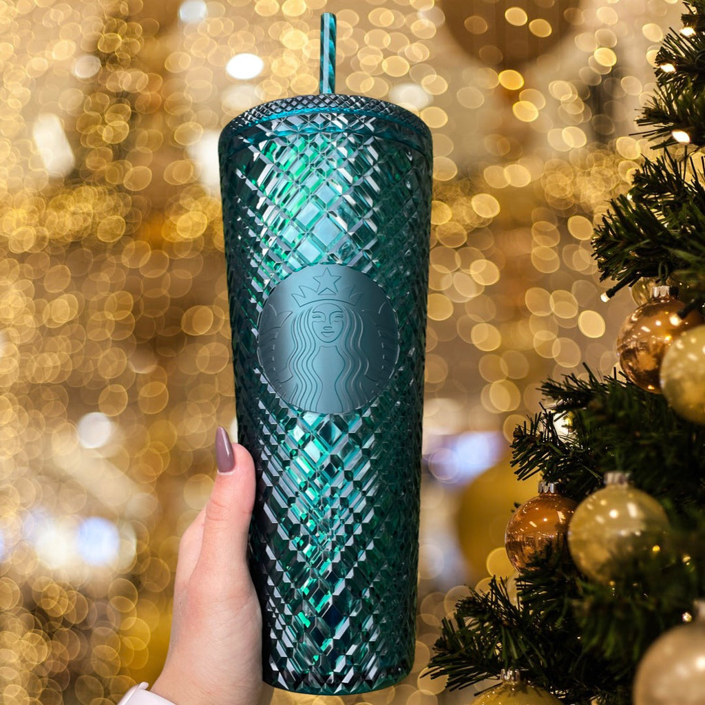 Starbucks 24 oz dark green jeweled plastic tumbler