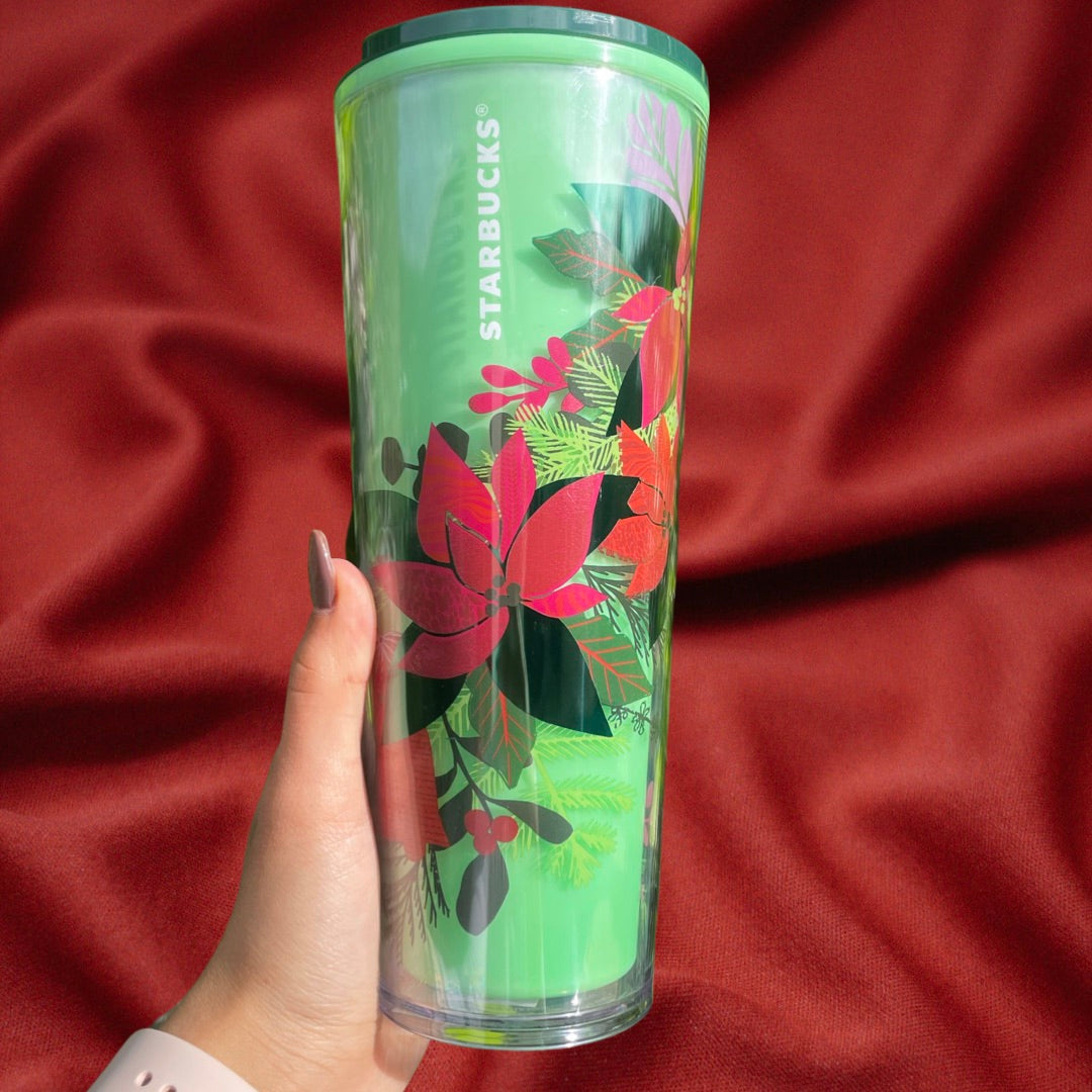 Starbucks 24 oz green floral color changing plastic tumbler 