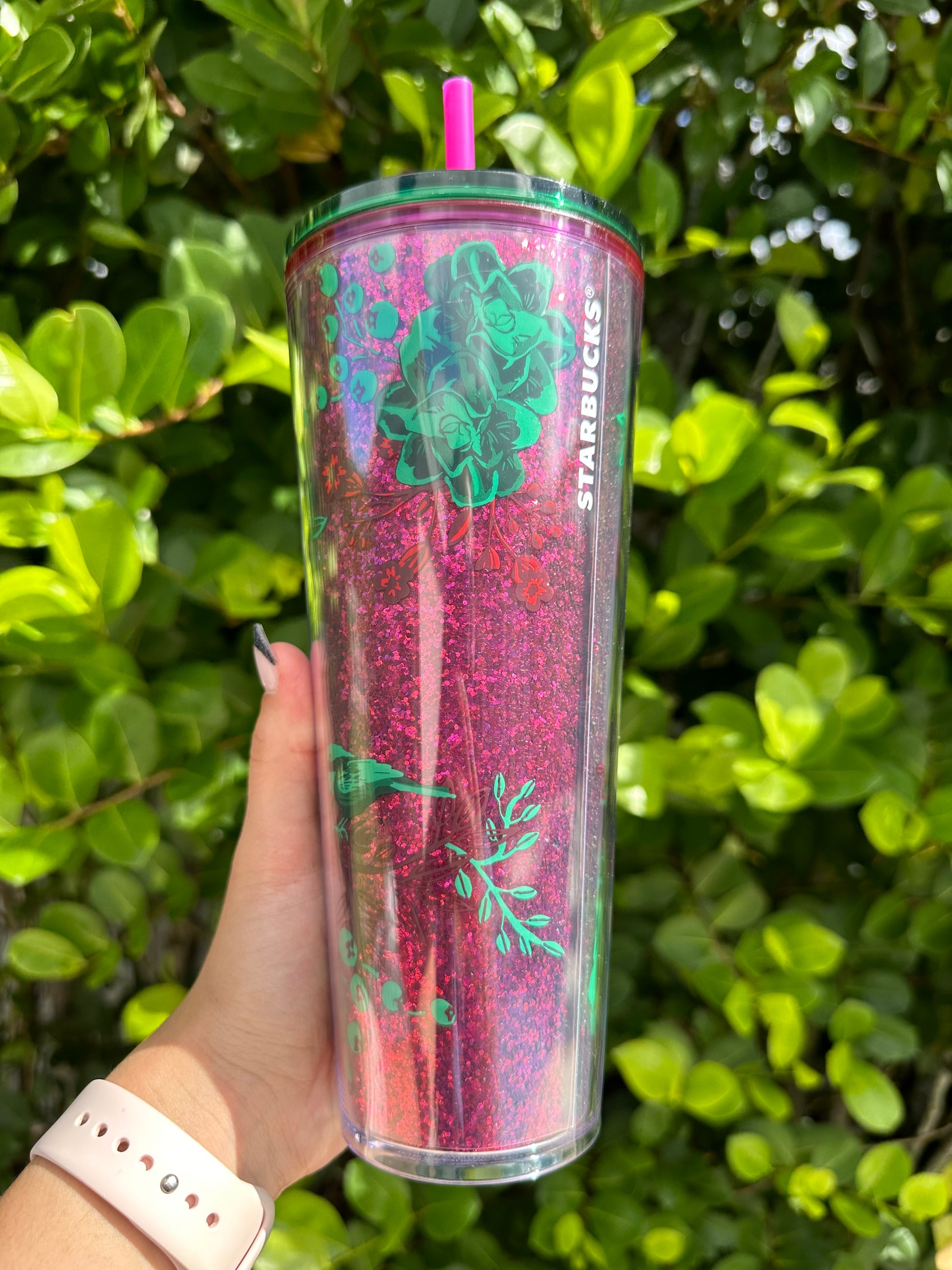 Starbucks 24 oz pink glitter floral plastic tumbler