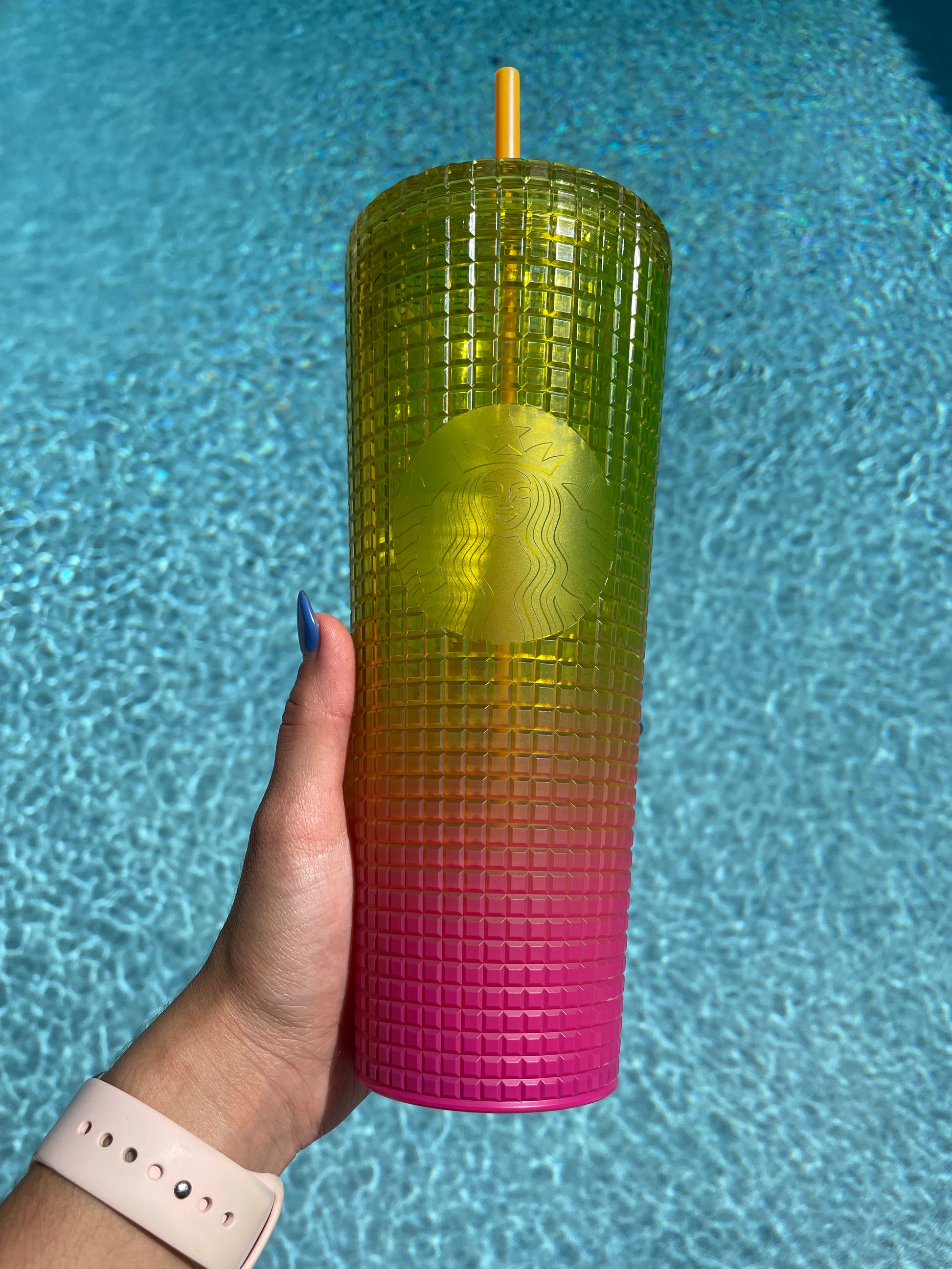 Starbucks 24 oz neon yellow and pink Grid Ombre plastic Tumbler 
