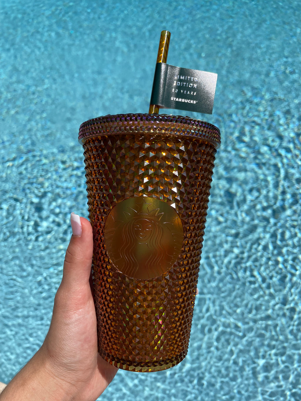 Starbucks 16 oz 50th anniversary gold studded plastic tumbler