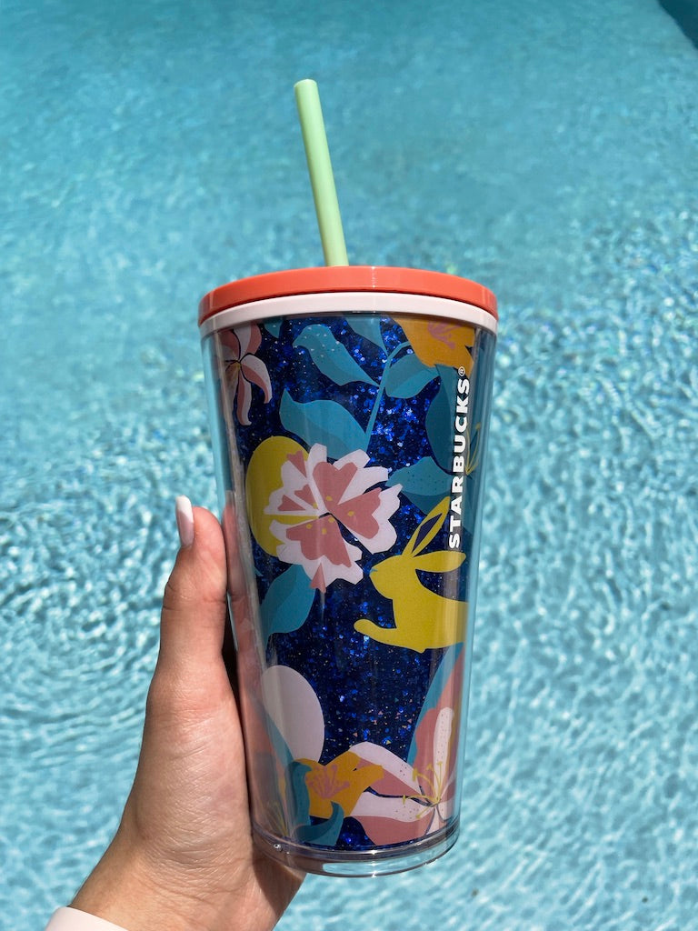 Starbucks 16 oz Easter Rainbow Floral Glitter plastic Tumbler