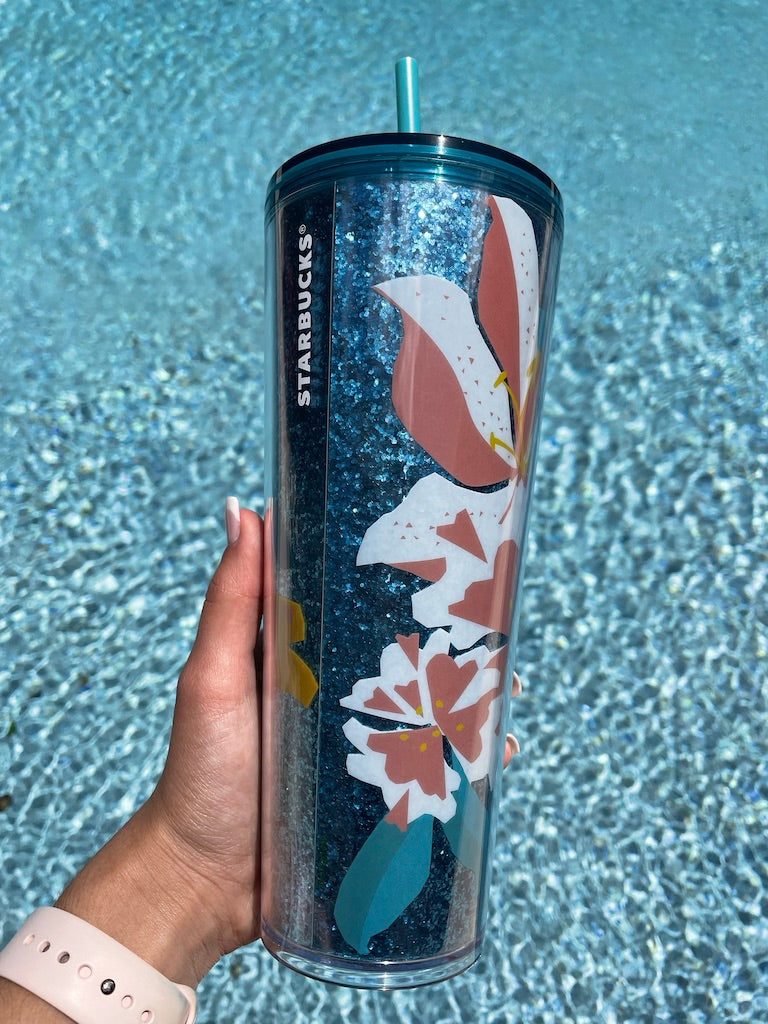 Starbucks 24 oz blue floral glitter easter tumbler