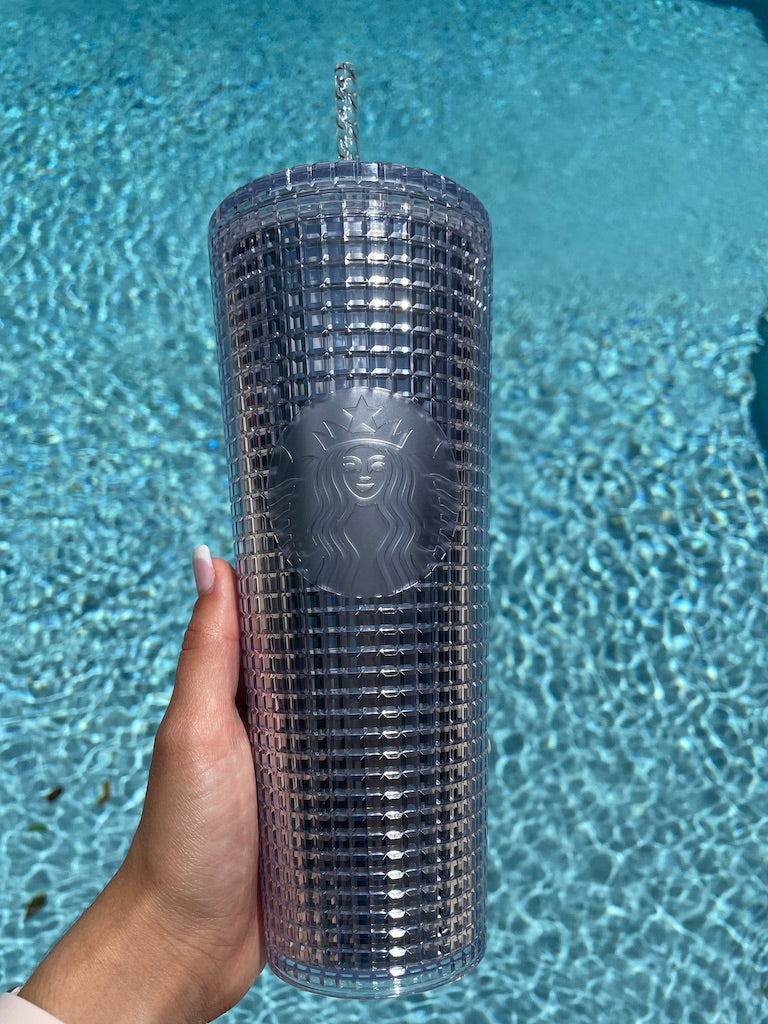 Starbucks 24 oz silver grid plastic tumbler