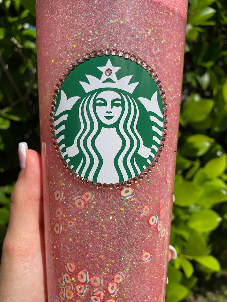 Pink Peaches Glitter Snow Globe Tumbler