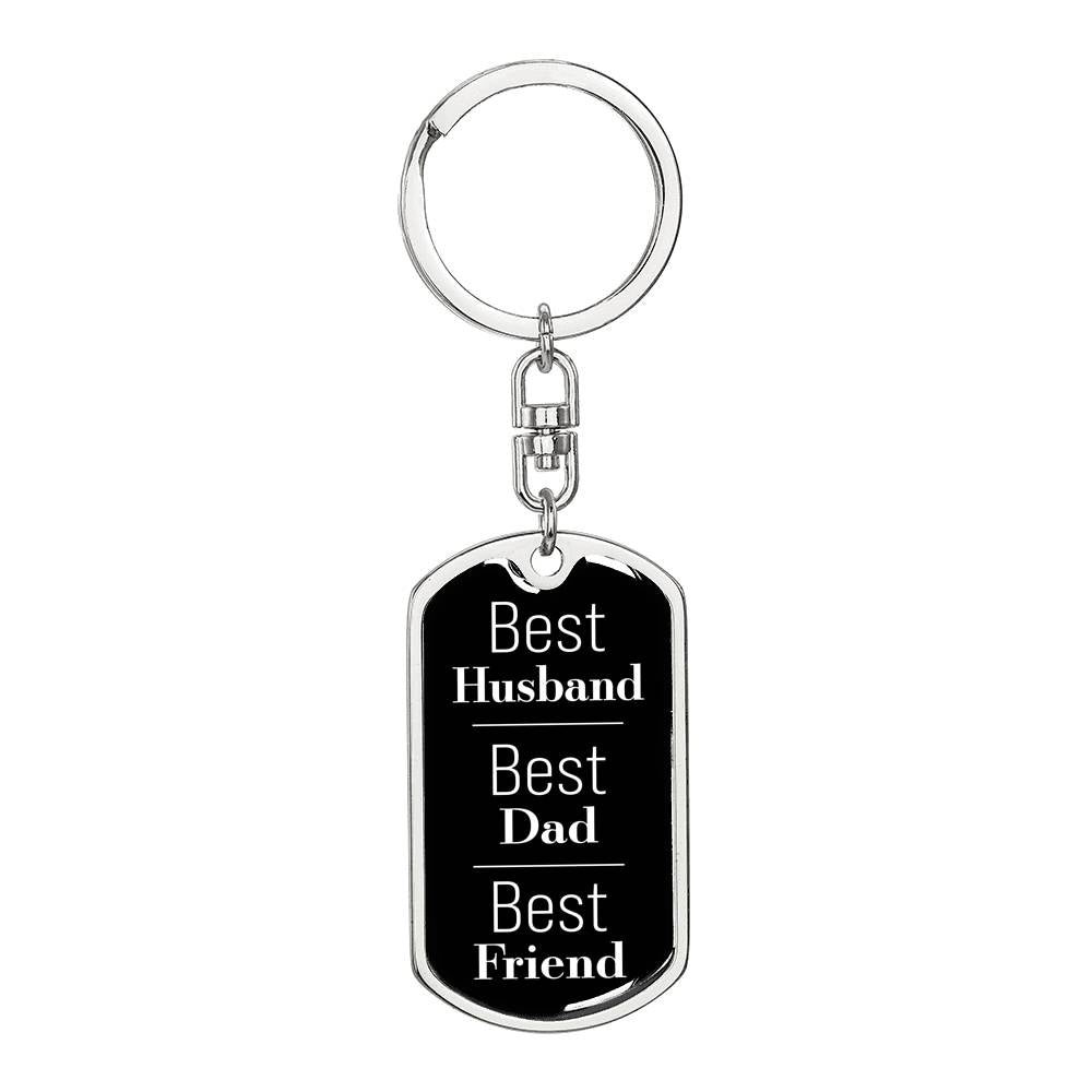 Best Husband, Best Dad, Best Friend Black Dog Tag Keychain. Perfect Gift for Father's Day!