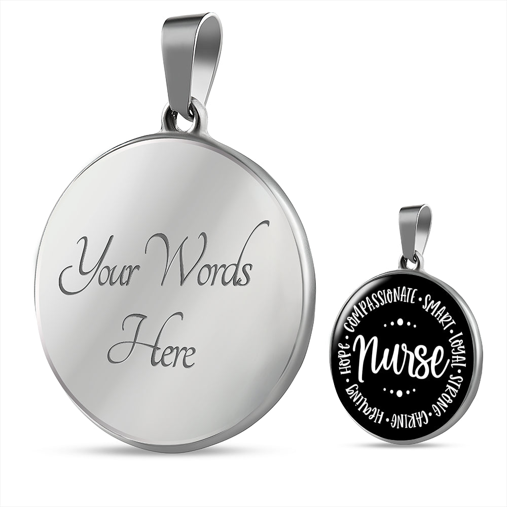 Black Nurse Round Charm Necklace. Compassionate, smart, loyal, strong, caring, hope, compassionate