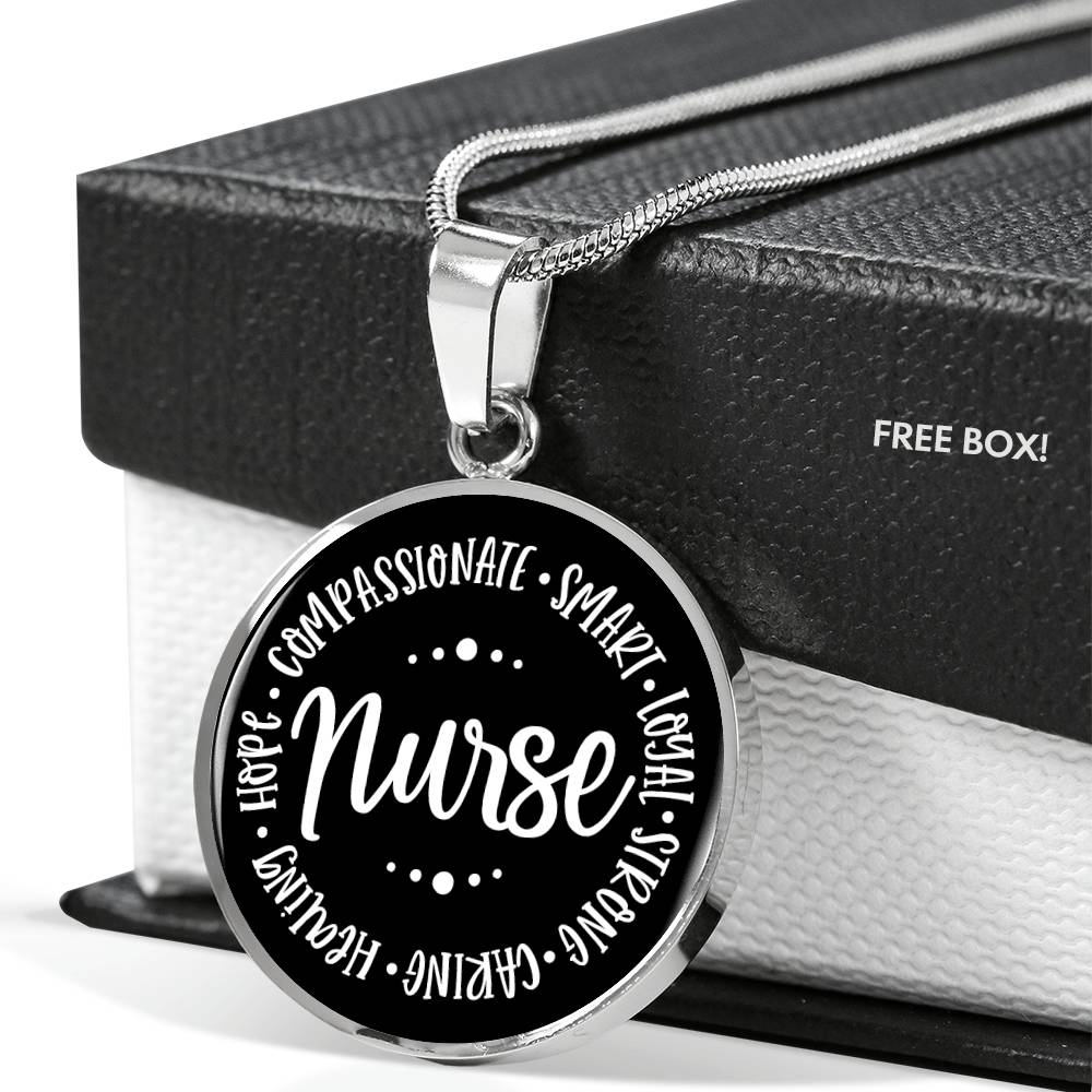 Black Nurse Round Charm Necklace. Compassionate, smart, loyal, strong, caring, hope, compassionate
