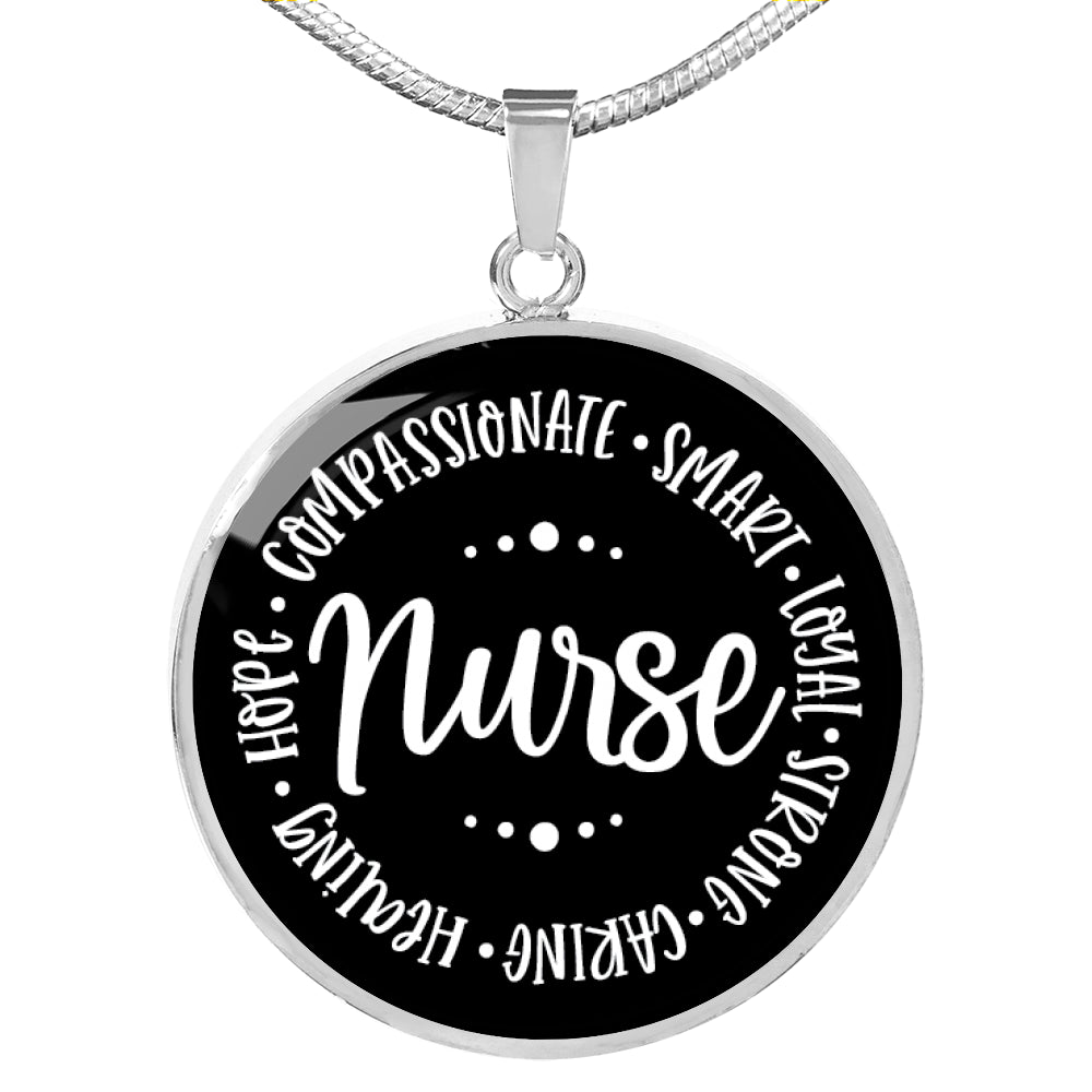 Black Nurse Round Charm Necklace. Compassionate, smart, loyal, strong, caring, hope, compassionate