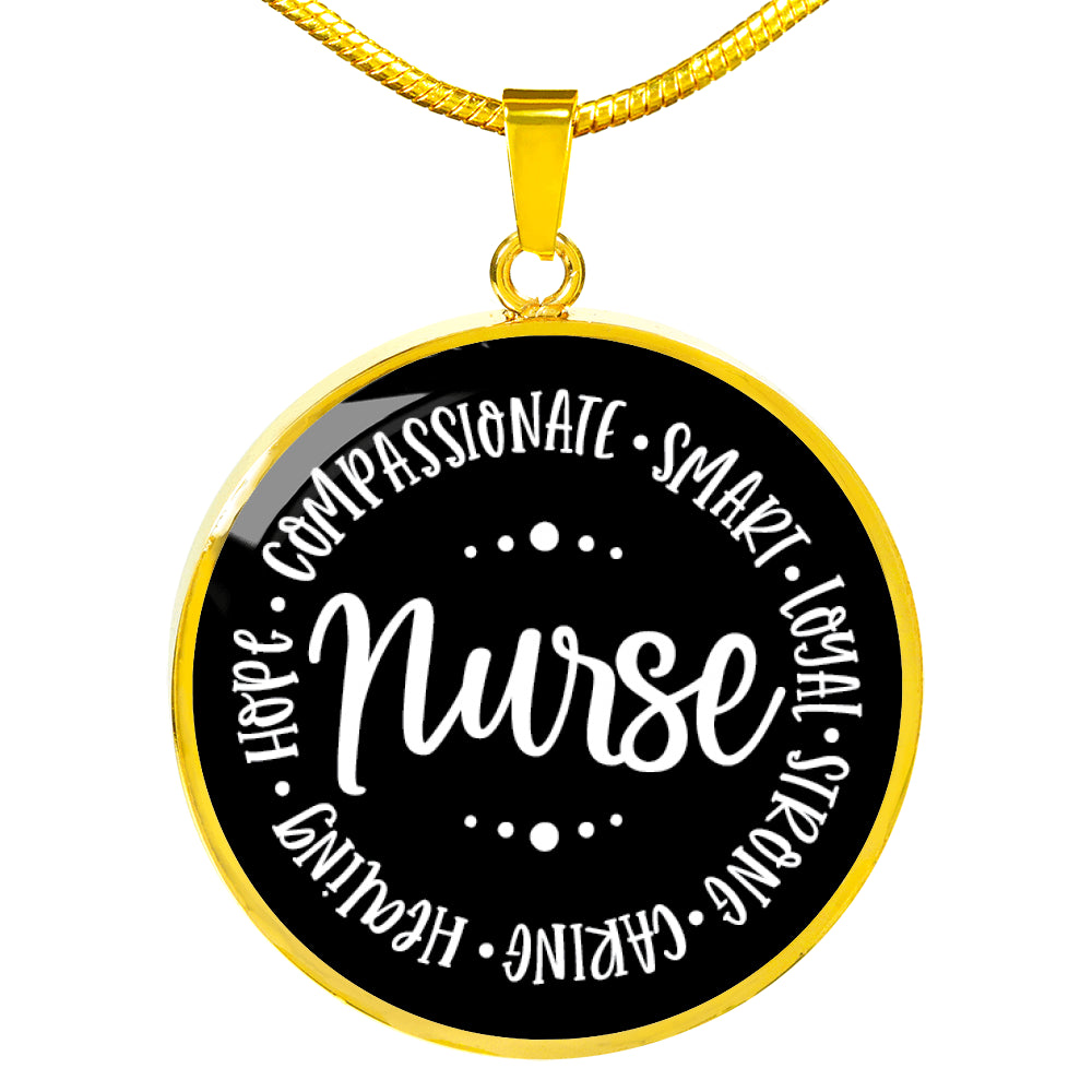 Gold Black Nurse Round Charm Necklace. Compassionate, smart, loyal, strong, caring, hope, compassionate
