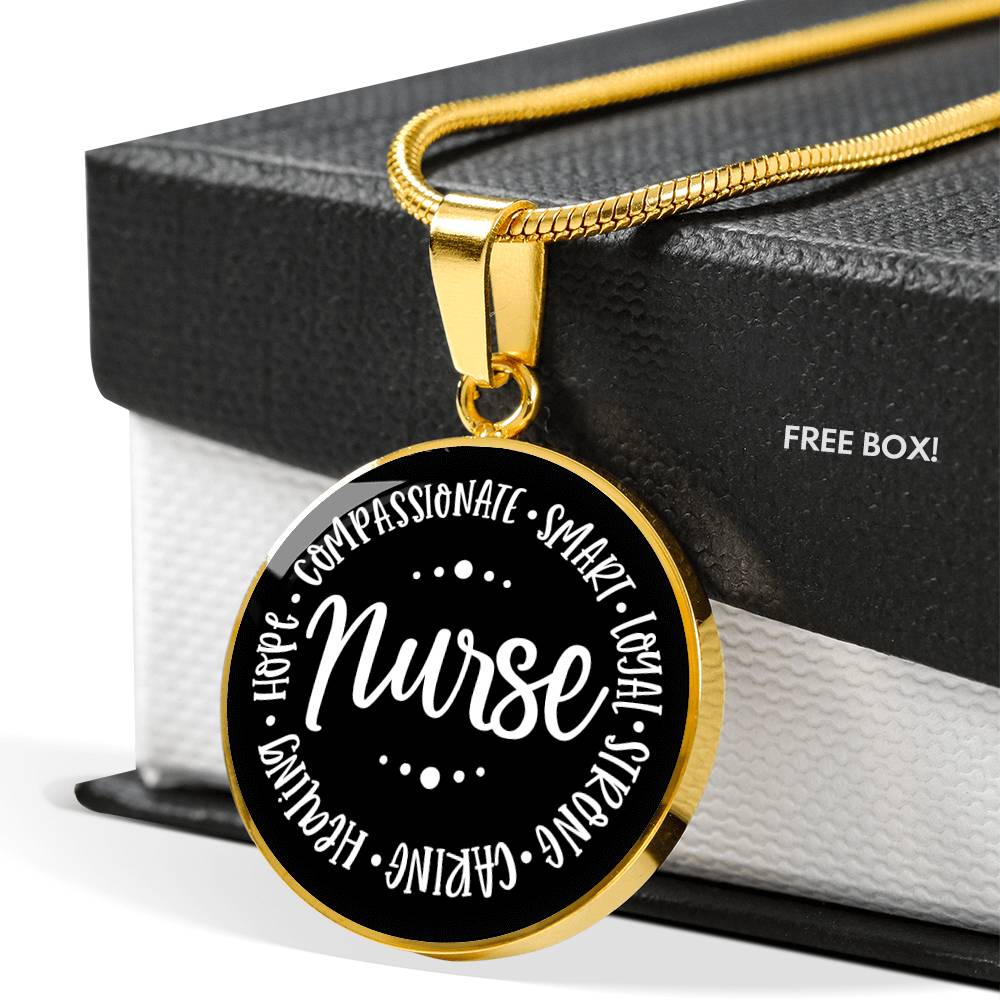 Gold Black Nurse Round Charm Necklace. Compassionate, smart, loyal, strong, caring, hope, compassionate