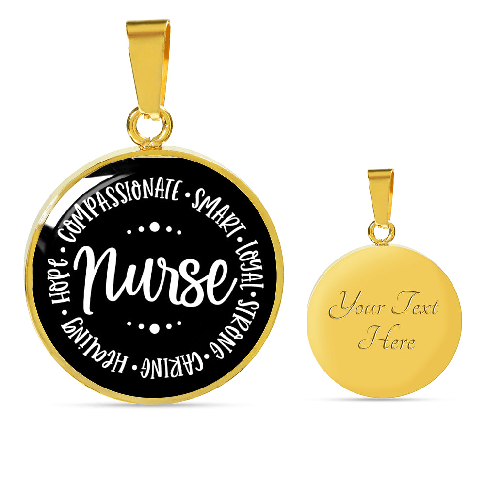 Gold Black Nurse Round Charm Necklace. Compassionate, smart, loyal, strong, caring, hope, compassionate